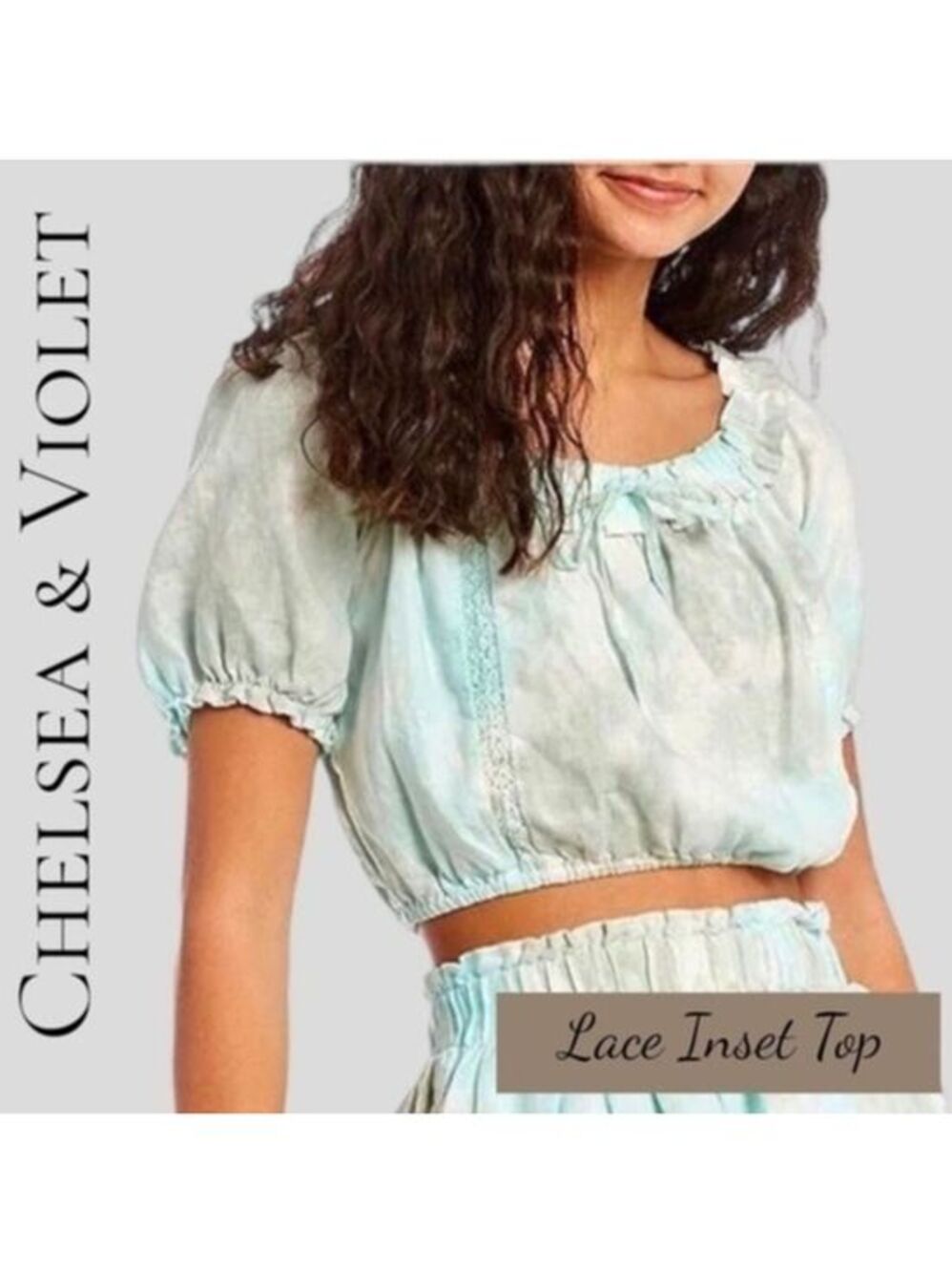 NWT CHELSEA & VIOLET Puff Sleeve Scoop Neck Lace Inset LINEN Crop Top/XL